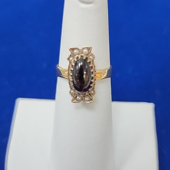 Vintage Estate Victorian 14K Gold Seed Pearls and Cabochon Garnet Ring - Picture 2 of 2